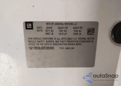 2014 Chevrolet Malibu 2Lt z USA, uszkodzony, nr VIN 1G11E5SL0EF285600